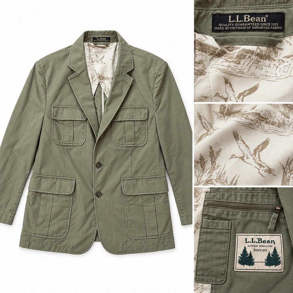 L.L. Bean Field Sport Coat Mens 44 Short Safari Jacket Green Cotton Duck Lining